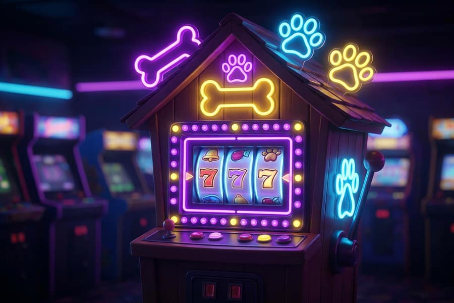 Слот Dog House собаки лапы неоновый фон